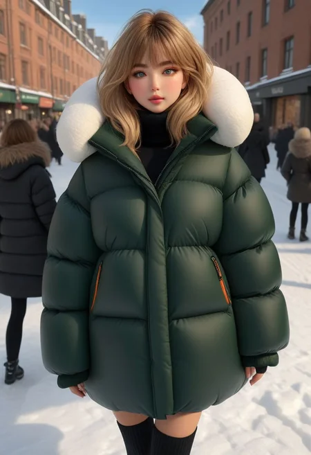((((Oversized sherpa padded down coat)))), ((((Oversized sherpa padded puffer coat)))), ((((Oversized sherpa padded winter clothes)))), ((((Very cold)))), ((((feet out of frame)))), city, street, winter, snow, walking, daytime, sun, sunlight, thigh boots, green eyes, tsurime, blonde hair, streaked hair, medium hair, light smile, straight hair, dyed bangs, sidelocks, beanie, eyelashes, eyeliner, Perfect anatomy, masterpiece, high quality, best quality, beautiful lighting, realistic lighting, beautiful eyes, beautiful hair, beautiful face, detailed face, high quality face, realistic background, detailed background, padded cuffs, padded collar, Thick padded cuffs, Thick padded collar, <lora:Collar-SDXL:0.6>, <lora:Cuffs-SDXL:0.6>, <lora:Puffer_Jacket_and_Down_Jacket_-_Extra_Puffy_Jackets:0.4>