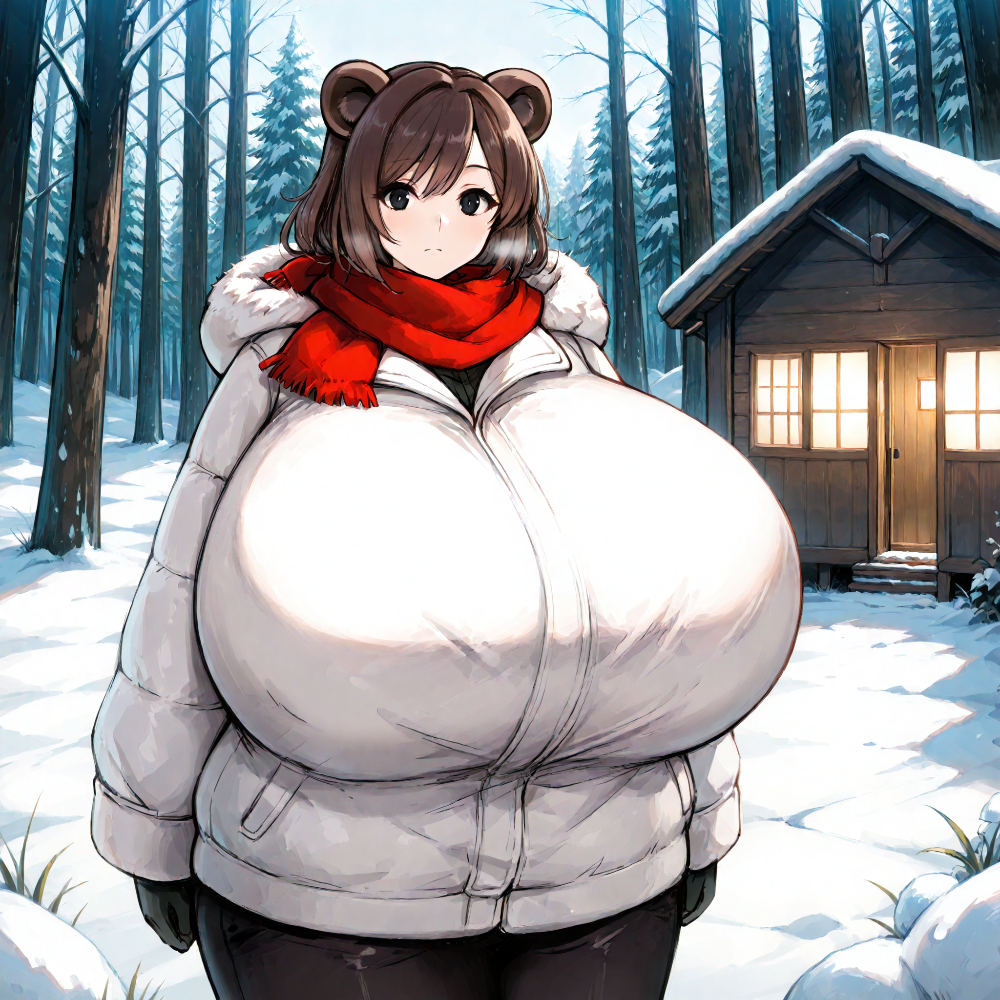 (masterpiece), best quality, (highly detailed), 1female, solo,  <lora:Junkpuyo_style_Illustrious:0.8>, brown bear ears, brown hair, black eyes, gigantic breasts, wide hips, white winter coat, pants, fitting clothes, forest, snow, cabin, red scarf, looking at viewer, blank expression,