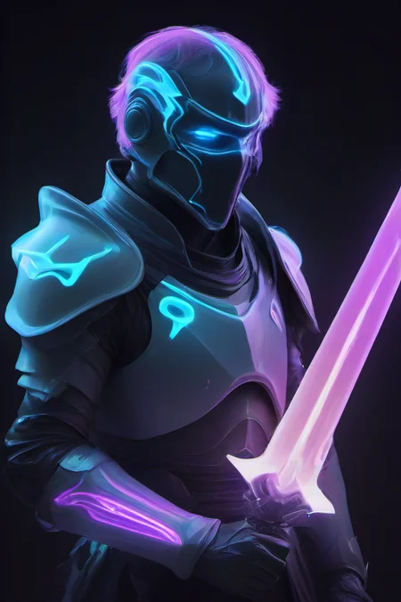 <lora:PE_SpectralStyle:1> PESpectral,glow,neon,sci-fi,future
knight,plate armor,holding a laser sword,helmet