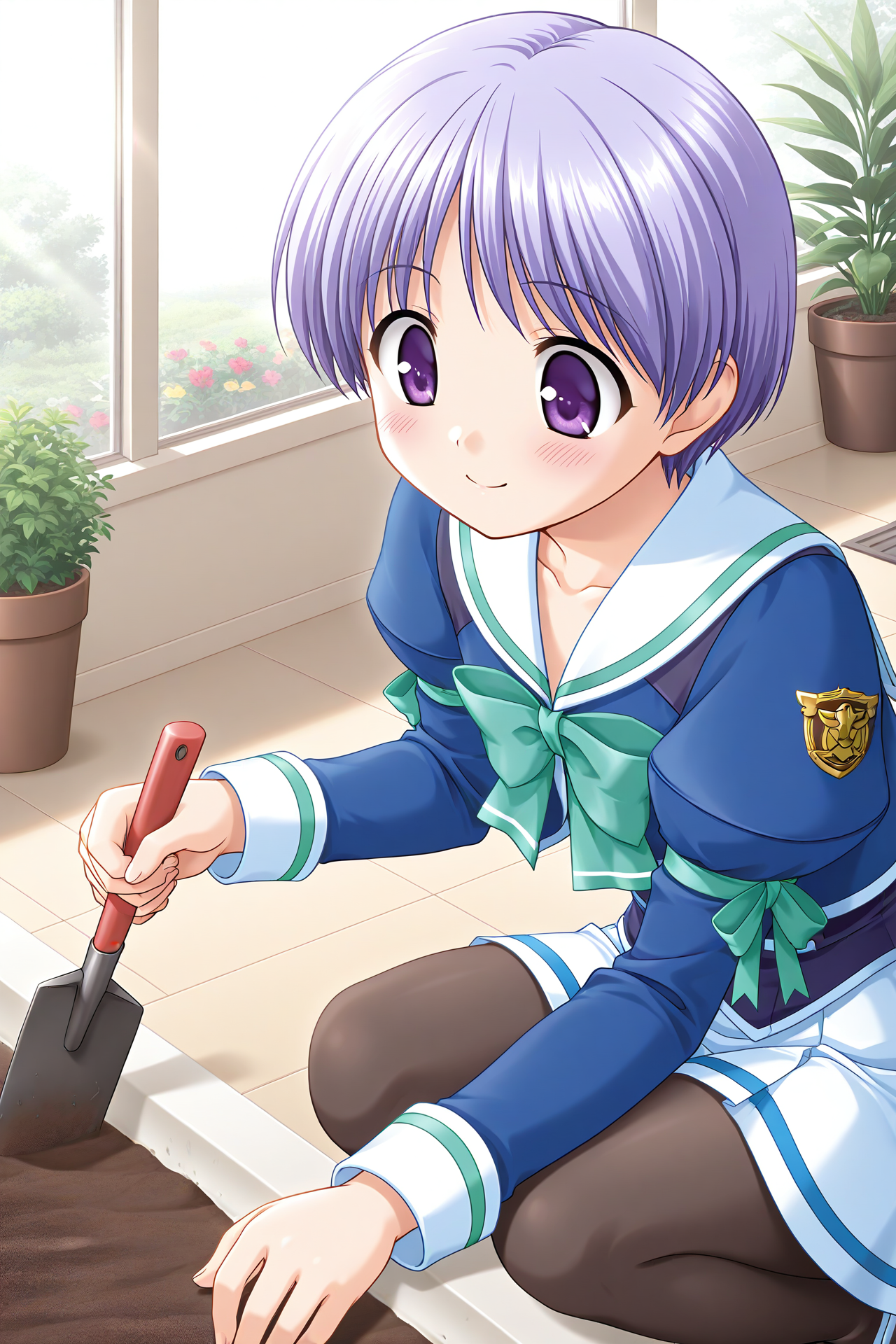 masterpiece, best quality, absurdres, official art, official style, rating general BREAK <lora:tachibanachihiro_IL_v1-3:0.7>, tachibana chihiro, 1girl, solo, purple eyes, light purple hair, short hair, bangs, flat chest, school uniform, blush, squatting, window, potted plant, sitting, fishnet pantyhose, smile, black pantyhose, indoors, spatula, holding scoop, collarbone, juliet sleeves, day, closed mouth, green ribbon, winter uniform, green bowtie, white skirt, emblem, miniskirt, sailor collar, blue jacket, white shirt, white sailor collar, purple vest, blue line skirt, clear glass walls, sunlight filtering, indoor farming, greenhouse, arm ribbon, back bow, red ribbon