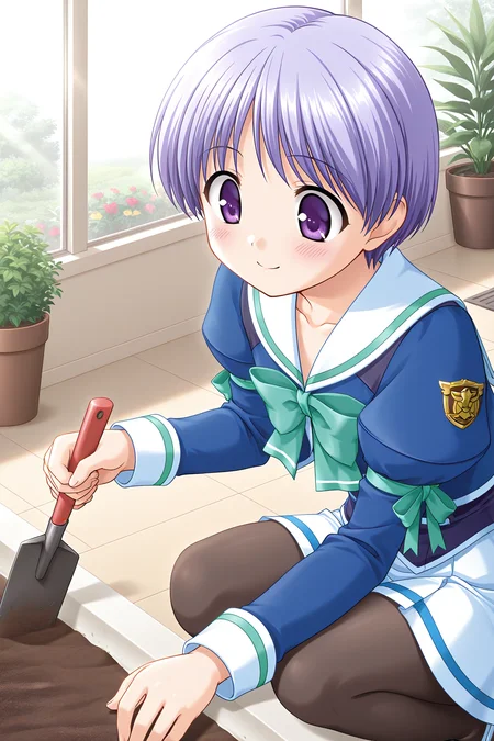 masterpiece, best quality, absurdres, official art, official style, rating general BREAK <lora:tachibanachihiro_IL_v1-3:0.7>, tachibana chihiro, 1girl, solo, purple eyes, light purple hair, short hair, bangs, flat chest, school uniform, blush, squatting, window, potted plant, sitting, fishnet pantyhose, smile, black pantyhose, indoors, spatula, holding scoop, collarbone, juliet sleeves, day, closed mouth, green ribbon, winter uniform, green bowtie, white skirt, emblem, miniskirt, sailor collar, blue jacket, white shirt, white sailor collar, purple vest, blue line skirt, clear glass walls, sunlight filtering, indoor farming, greenhouse, arm ribbon, back bow, red ribbon