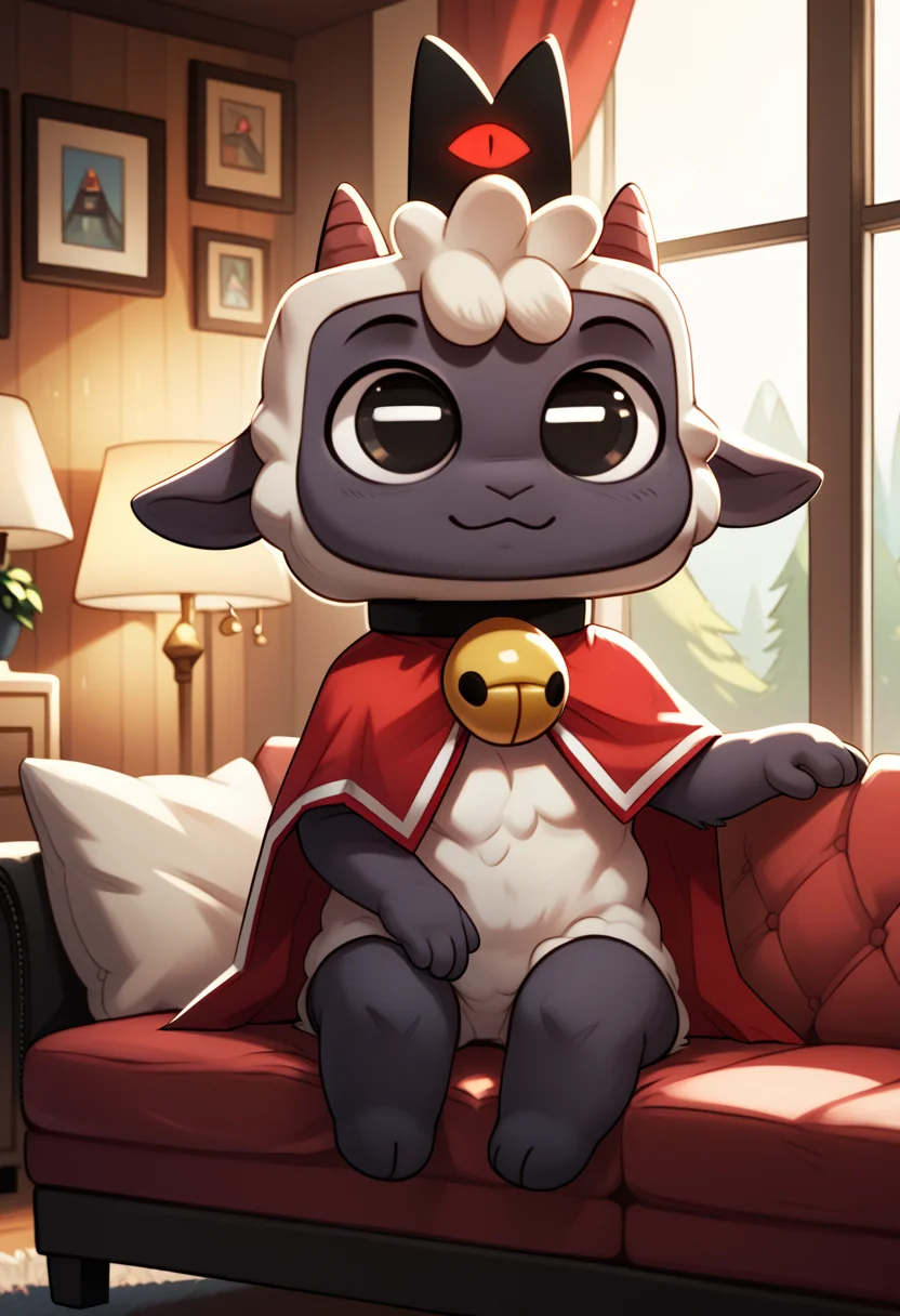 score_9, score_8_up, score_8, <lora:Lamb_Cult_of_The_Lamb_for_PonyXL:0.8> furry, l4mb, lamb, horns, neck bell, cape, sitting on couch, living room, window, solo,