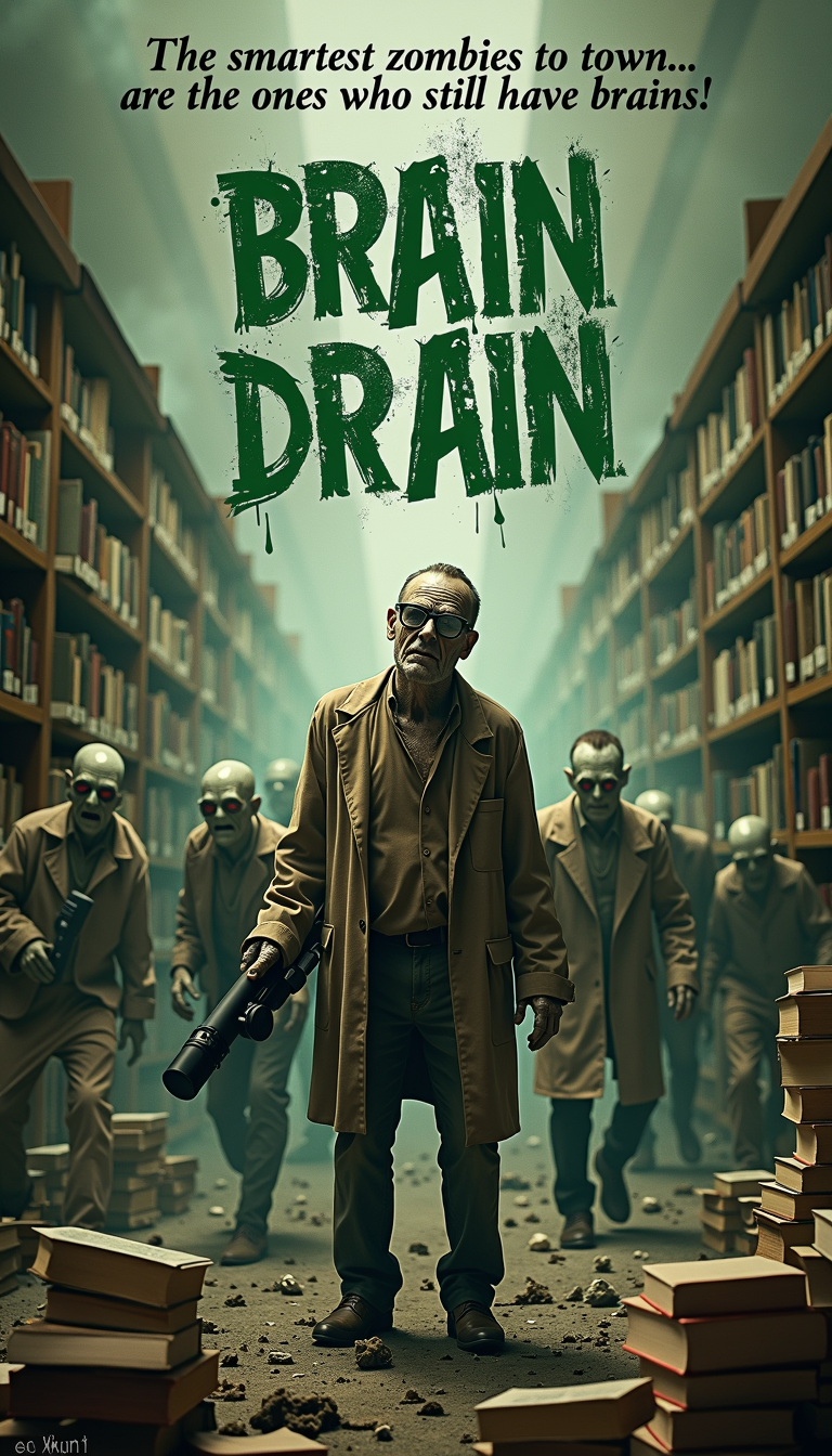 A parody movie poster with the printed title: **"Brain Drain"** in bold, green, splatter-painted letters. A Zombie Movie Genre parody poster, featuring a horde of shuffling, groaning zombies with mortician-style makeup and thick-rimmed glasses, shuffling through a library, in the background, movie title in a decaying, distressed font, muted green and brown color palette.
A tagline in a handwritten font reads: "The smartest zombies in town...are the ones who still have brains!"
In the foreground, a lone survivor, played by the sarcastic and quick-witted actor, "Skewered Steve," stands with a makeshift flamethrower, ready to take on the horde. He wears a look of determination, mixed with a hint of exhaustion.
The zombies in the background are seen tearing through books, and one particularly intelligent-looking zombie is seen reading a book upside down.
The poster plays on the idea of a zombie outbreak taking place in a library, where the zombies are not only mindless eaters, but also curious learners. The parody title, "Brain Drain," is a play on the original movie title, "Braindead," and the concept of brains being both a source of sustenance for zombies and a symbol of intelligence.
