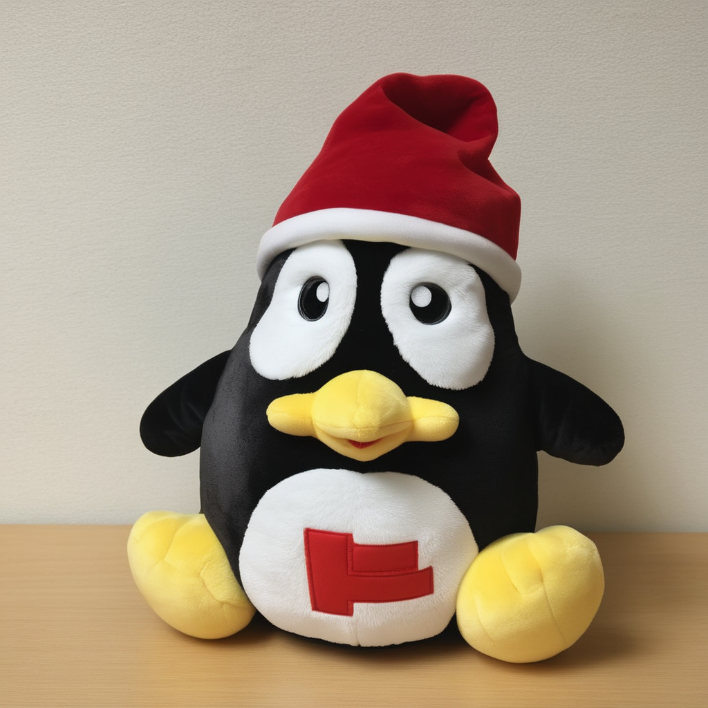 A plush penguin toy that exudes happiness and joy. The penguin should have a cheerful facial expression, perhaps with a big smile and twinkling eyes. Its body should be soft and huggable, made from high-quality plush material. On the penguin's belly, there should be red writing that is clearly legible, perhaps a word or phrase that adds to the toy's cheerful theme. The overall design should be child-friendly and inviting, making it a perfect gift for kids or penguin enthusiasts,<lora:donpen:0.65>