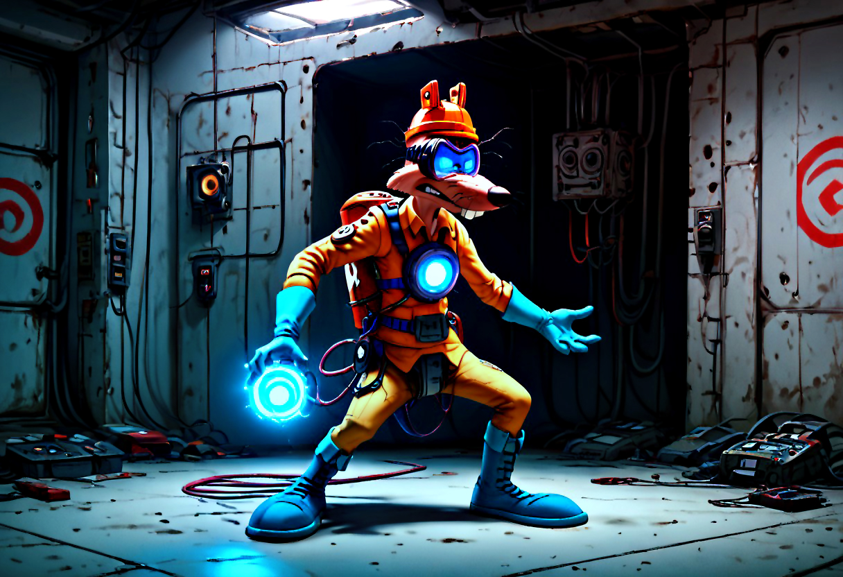 evi@decrepPunk, ng_deepnegative_v1_75t, Megavolt, anthro, orange helmet, safety goggles, buck teeth, two protruding hairs on each side, limbal ring on left eye, four fingers, yellow overall, cable reel on left hip, whiskers, red battery on back, plug on chest, blue gloves, blue boots,,  electrokinesis, electricityocean, glowing, highest resolution, perfectly balanced, detailed shading, haze lighting, full body shot, fantasy ,score_9,score_8_up, score_7_up, score_6_up,absurdres, subsurface scathering, depth of field, masterpiece, best quality, newest, absurdres, highres, feeling, impact, very awa, dim lighting, sidelighting,amazing quality, scenery, very aesthetic, newest, volumetric lighting, blending,ratfolk, furry rat,negative_hand,easynegative,Expressiveh,easynegative