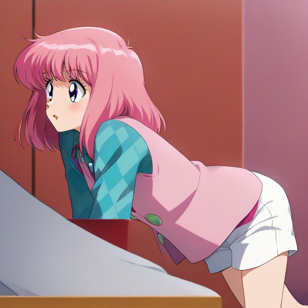 Nakajima Noriko, pink hair with bangs, blue eye, wearing a pink vest over a blue-green checkered shirt, white shorts,,