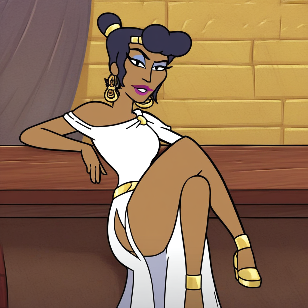 score_9, solo, deliria_k, black hair, hair bun, dark-skinned female, jewelry, lipstick, earrings, dress, side slit, sitting crossed legs, looking at viewer, table