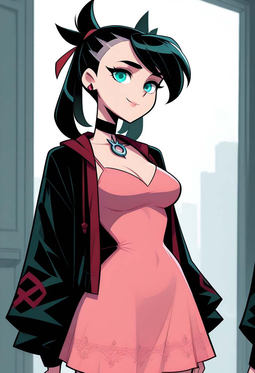 masterpiece, best quality, medium breasts, (curvy),   BREAK, zzMarnie, aqua eyes, black choker, red ribbon, pink dress, jewelry, black jacket, open clothes, long sleeves, <lora:MarniePokemonIllustrious:1.0>,smile, looking at viewer, cowboy shot,   <lora:Style60_IXL:1.5>,