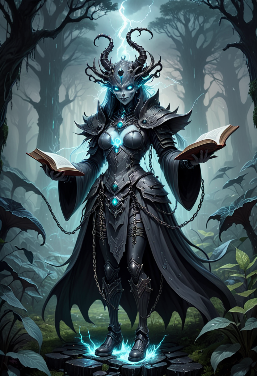 (medium full shot) of (otherworldly lich) with white eyes, wearing a shadowy gray ancient armor, shadowy leggings, enchanted shoes, clutching a ancient tome with chains, surrounded by surrounded by a sinister aura, set in  a spectral forest, with bioluminescent plants, faint whispers, a mystical ambiance, during a storm, woman smiling, ,Masterpiece,best quality, raw photo, realistic, very aesthetic
