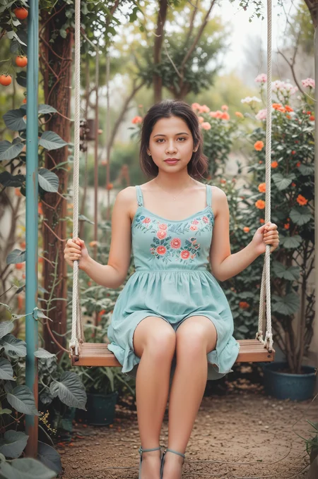 Hyperrealistic art Woman sitting on a swing in a whimsical garden setting, soft pastel colors, dreamy atmosphere, fantasy, medium shot, detailed, emotional lighting, soft focus background, artwork by Anna Dittmann and Tran Nguyen, 4k resolution, serene beauty
, <lora:Noshi:1> img, <lora:zavy-cnmtc-sdxl:1> . Extremely high-resolution details, photographic, realism pushed to extreme, fine texture, incredibly lifelike
