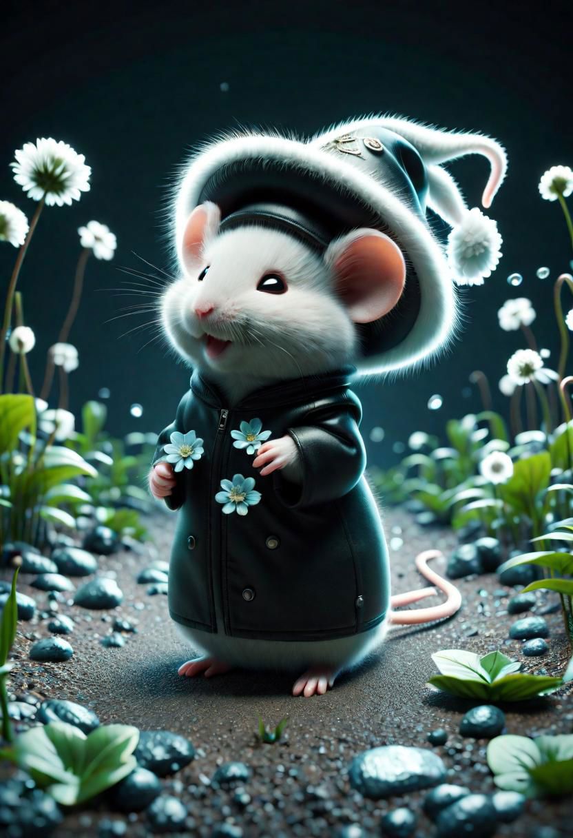 ral-fluff,<lora:ral-fluff:1>,
chibi,masterpiece,best quality,original,official art,black metallic fantasy mice,hat,flower,blurred background,rendering,beautiful detailed glow,(detailed ice),beautiful detailed water,sunny, blurred flower, happy