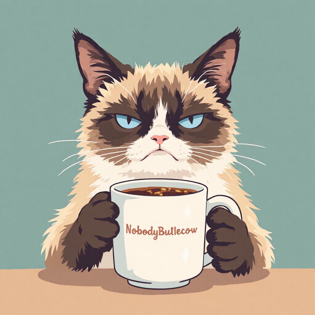i11ustmin illustration. 
Grumpy Cat drinking coffee. The mug has the phrase "NobodyButMeow" printed <lora:Flux-Sch-SingleBlocks-BF16:1.0> <lora:minimalist_flat_illustration_nbm:0.8><lora:799912031093481914:0>
