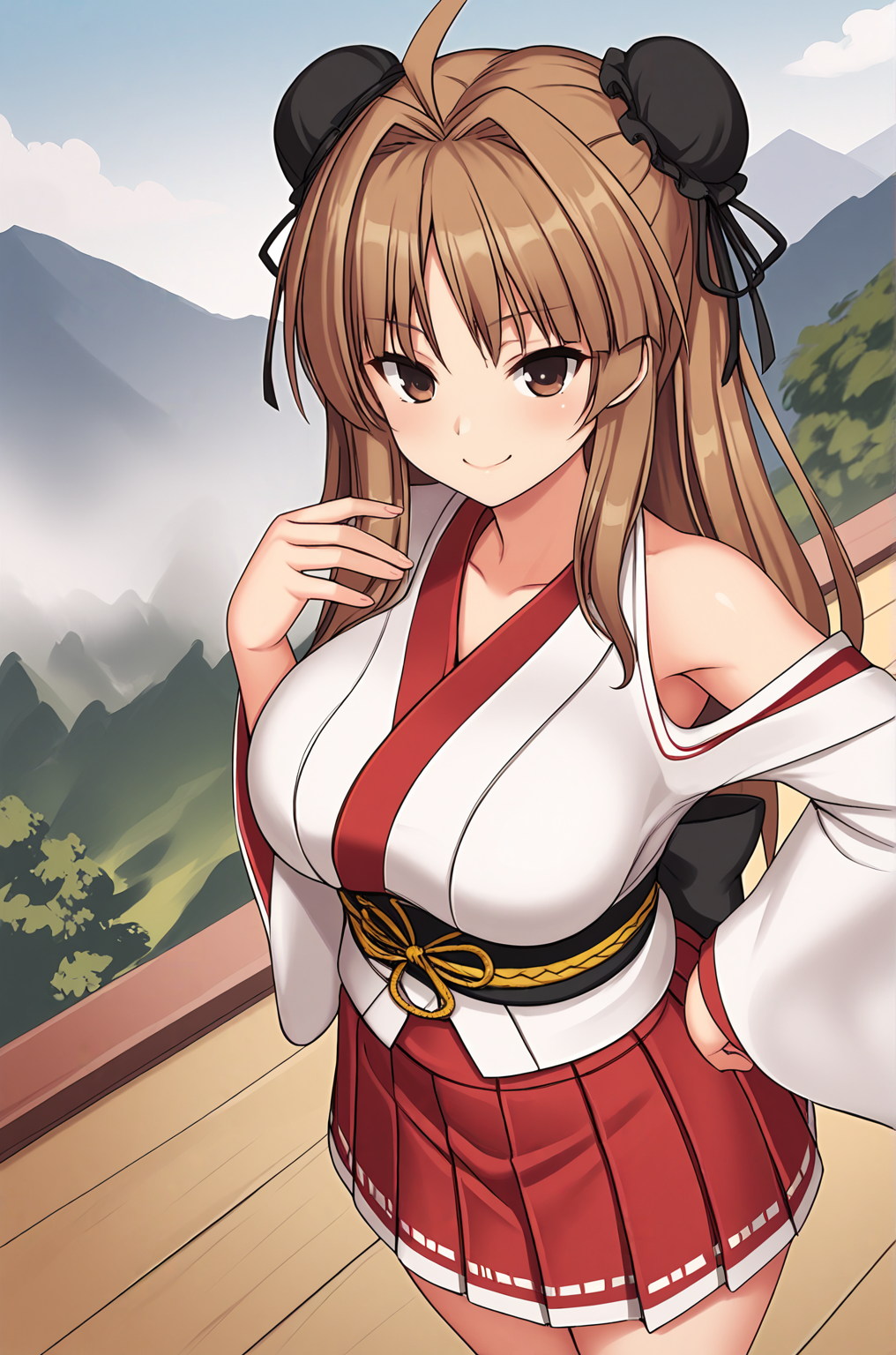 anime artwork, score_9, score_8_up, score_7_up, source_anime, BREAK, thick outline, fat outline,
Renka_XL, brown eyes, long brown hair, ahoge, double bun, bun cover, hair ribbon, large breasts, BREAK, Renka_Shrine, shrine clothes, japanese clothes, miko clothes, white kimono up, bare shoulders, long sleeves, wide sleeves, obi, sash, hakama skirt, (red skirt:1.3), red boots, BREAK, mountains, from above, selfie,
<lora:Renka_XL:0.7>
<lora:PersonalAmi_PonyXL:1>