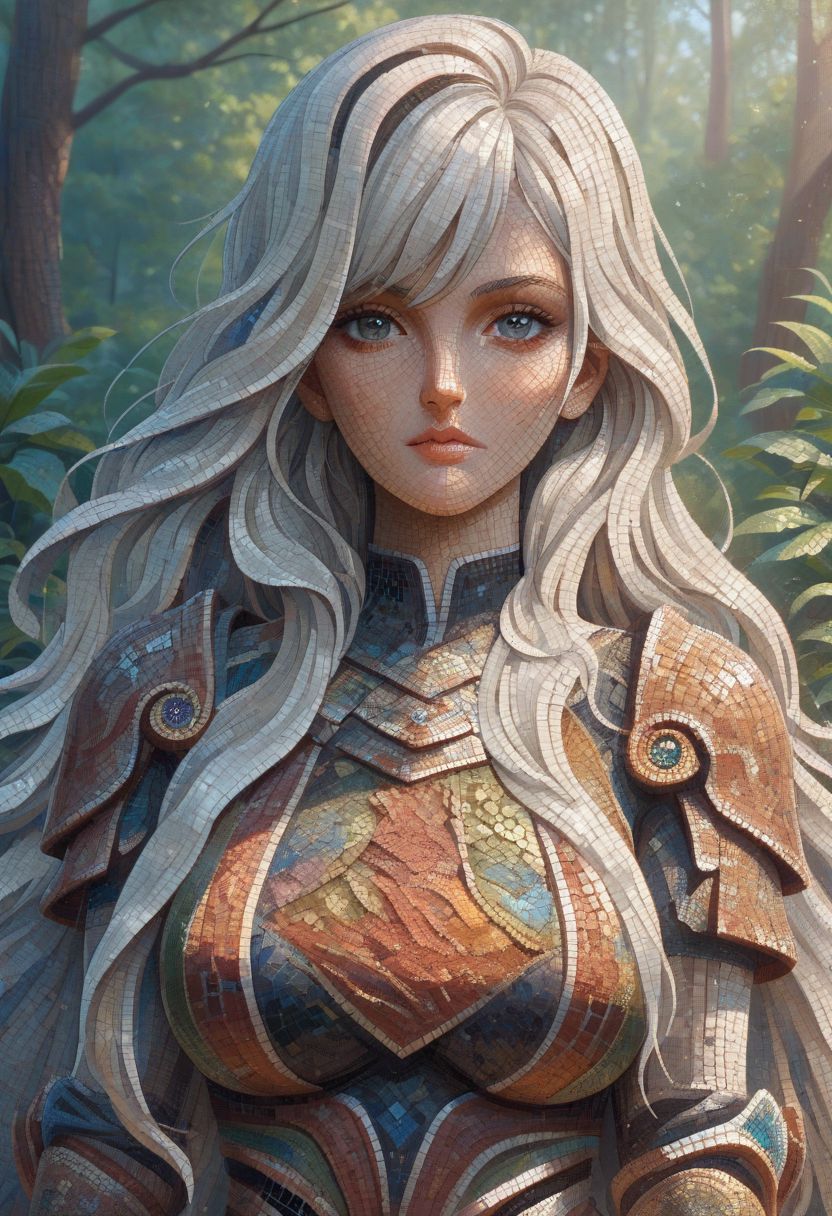 score_9, score_8_up, score_7_up, score_6_up, 1girl, beautiful, white hair, long hair, bangs, fair skin, big breasts, leather armor, sword, forest, dappled sunlight, upper body, looking at viewer, mosaic art, mosaic_style, mosaic