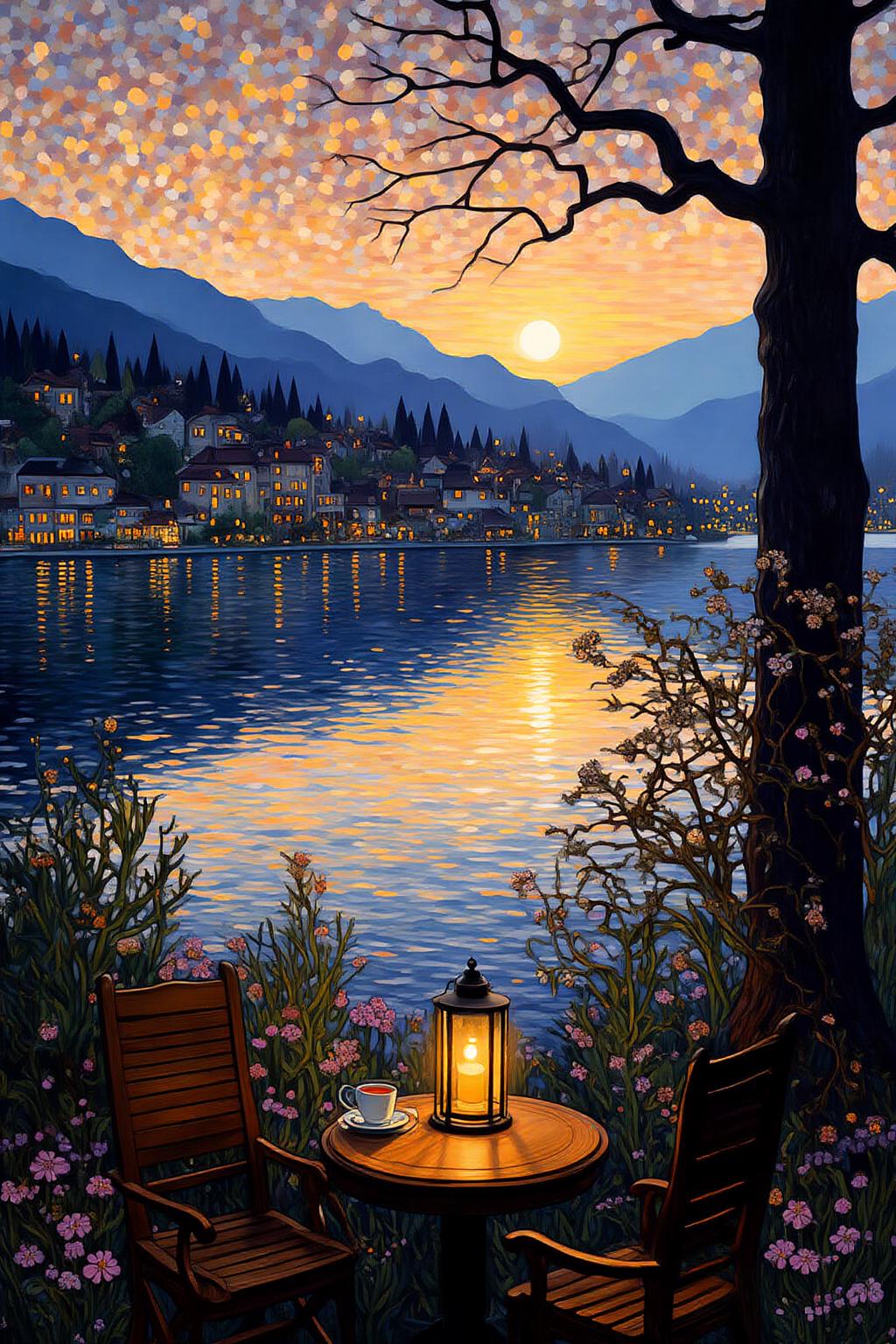 kaoruyamada1 painting.
A serene lakeside scene at sunset. In the foreground, a wooden table with a lantern and a cup of tea on it. Two chairs are positioned around the table. The table is surrounded by lush greenery and blooming flowers. On the right is a tree, with its brown leaves reflecting the yellow and orange light from the sunset. In the background, the lake reflects the warm hues of the sunset, with the sun just above the silhouette of distant mountains. The sky is filled with a gradient of warm oranges and yellows. The town along the lake is illuminated by the setting sun, with its lights reflecting on the water. <lora:kaoruyamada1_f16e9:1.0><lora:868871699565705180:0>