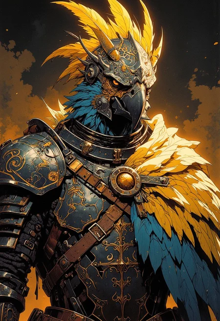 A majestic **parrot knight** rendered in a striking portrait, adorned in **finely detailed armor** with an **intricate design** that merges the elegance of **gleaming black steel** with accents of **radiant gold filigree**. The knight's helm, styled to evoke avian grace, features a subtle plume of golden silk flowing delicately against the dark background. 
The parrot's vibrant feathers shimmer with touches of **bronze and obsidian**, perfectly complementing the intricate armor. The pose exudes regality, with the knight gazing forward, its sharp, intelligent eyes reflecting a fierce, noble spirit. The lighting is both **cinematic and dramatic**, casting a warm golden glow across the armor and feathers, while shadowy contrasts highlight the intricate details of the **silk textures** and **ornamental engravings**.
The background is a muted gradient of **deep black and glowing amber**, emphasizing the figure's grandeur while maintaining a focused, heroic ambiance. This composition radiates an air of chivalry and mystery, blending the ethereal beauty of **golden light** with the **timeless strength of armor**, resulting in a masterpiece of surreal portraiture.