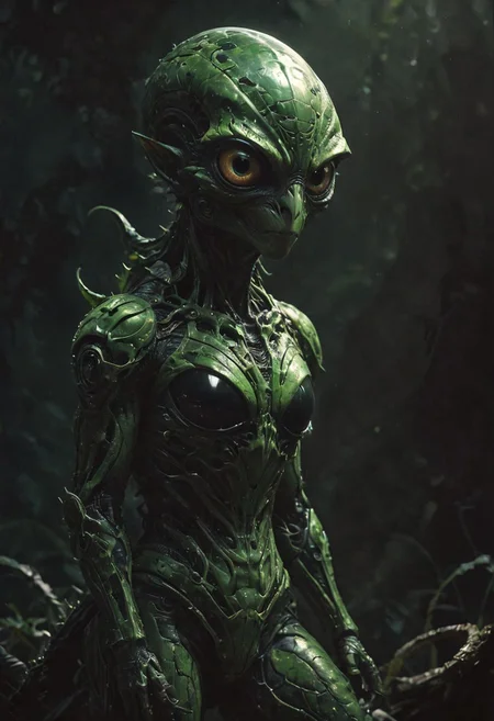 cinematic dark photo  of a terrifying alien the looks like a owl/lizard (low key lighting:1.2), (shadows:1.6),
 <lora:Action-sdxl-V0.5:1> in a zdyna_pose, dutch angle, 
<lora:xl_more_art-full_v1:0.75> ,
 <lora:zavy-cntrst-sdxl:1.3>dark, chiaroscuro, (low-key:1.2)
