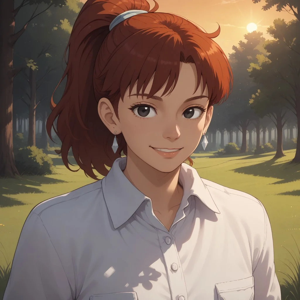 score_9, score_8, BREAK, solo, red hair, ponytail, black eyes, earrings, collared shirt, long sleeves, jeans, shoes, Fio_Piccolo_(Porco_Rosso), cute, sexy pose, self portrait, smile, outdoors, sunlight, shadows, evening lighting, natural lighting, forest, trees, grass, orange sky, sunset