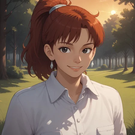 score_9, score_8, BREAK, solo, red hair, ponytail, black eyes, earrings, collared shirt, long sleeves, jeans, shoes, Fio_Piccolo_(Porco_Rosso), cute, sexy pose, self portrait, smile, outdoors, sunlight, shadows, evening lighting, natural lighting, forest, trees, grass, orange sky, sunset