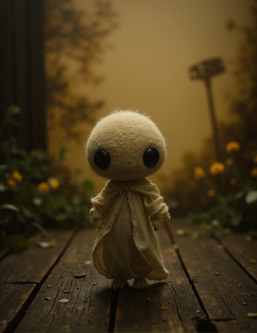 <lora:Dark_Fantasy_Anime-000021.safetensors:1> In a dimly lit setting, perched on a weathered wooden floor, delicate form contrasting against the somber backdrop of an intricate miniature. The overall atmosphere is one of whimsy and innocence, evoking a sense of fantastical storytelling.Amidst a soft-focused, golden-hued backdrop, an enigmatic, cream-colored entity stands in a blurred meadow, its fuzzy surface and serene countenance shrouded in mystery. The image's dreamlike ambiance obscures any discernible context or depth, leaving the viewer with more questions than answers.