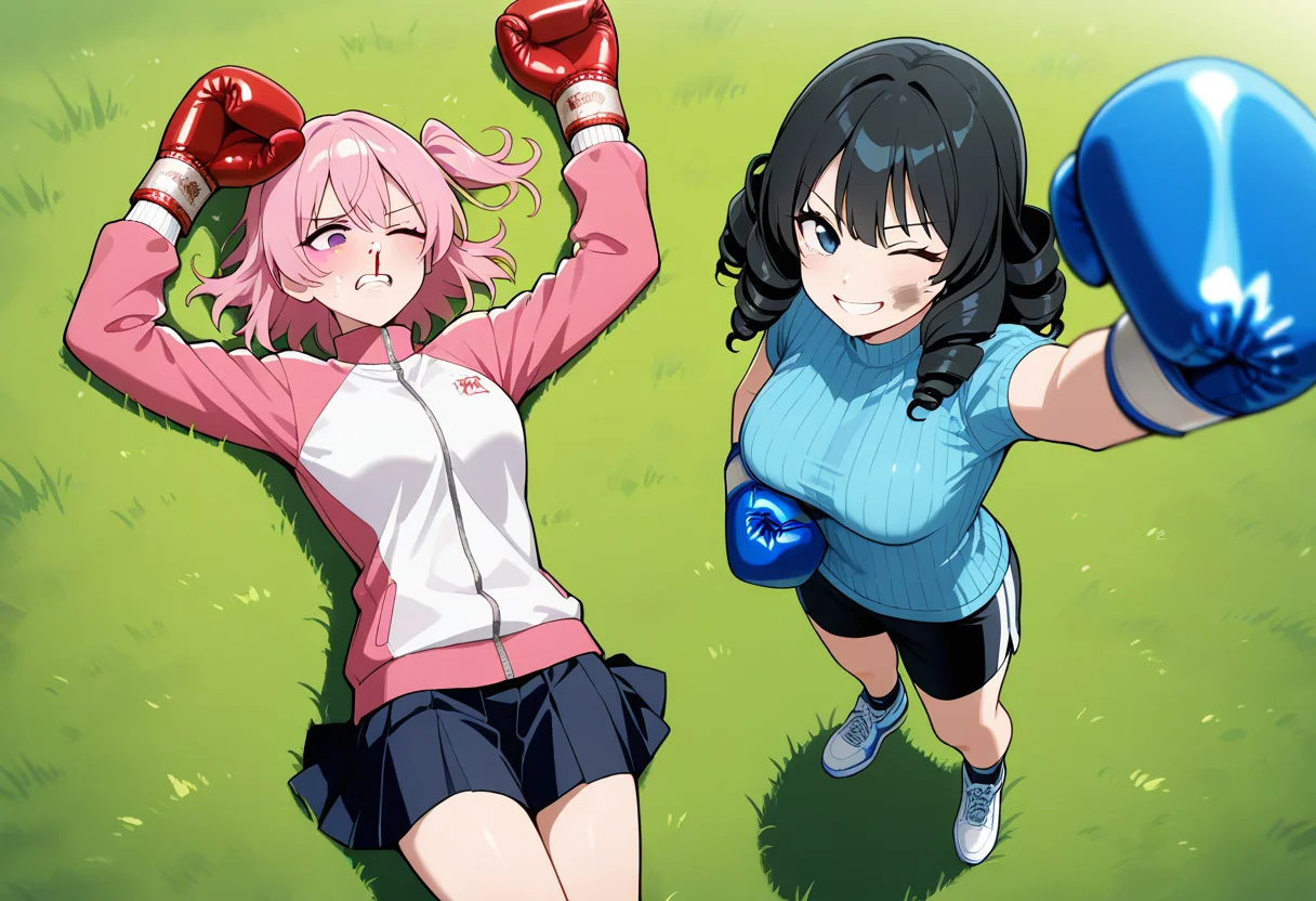 boxing gloves, bruised eye, nosebleed, one eye closed, clenched teeth, <lora:girlsboxingdownloraillustrious-000060:0.3>, gbdown, full body, cowboy shot, from above, cowboy shot, masterpiece, best quality, 2girls, outdoors, grass, BREAK
lying, on back, lying on back, red boxing gloves, pink hair, one side up, track jacket, skirt, BREAK
(bruised eye, dirty face:1.1), one eye closed, arms up, raised fist, smile, happy, standing, looking at viewer, blue boxing gloves, black hair, drill hair, ribbed sweater, shorts, shoes,