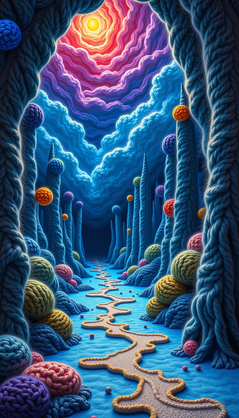 Made out of wool a Surrealist landscape, floating objects, phosphorescent footprints, cave of wonder, glowing, otherworldly, dreamlike, mystical, ethereal, glowing paint, oil pastels, watercolor, digital art, high contrast, detailed, vibrant colors, mixed media, fantastical elements, whimsical, dreamscape, evocative, imaginative, thought-provoking, inspiring, intricate, captivating, detailed, captivating, surreal