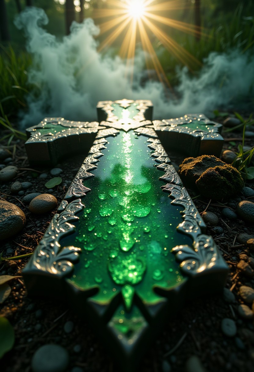 a buried broken emerald cross glazed by the sun emitting smoke, backlit, forgotten, atmospheric AF, detailed, 8k ,
detailmaximizer,gaming, magic silver frame, bronze object