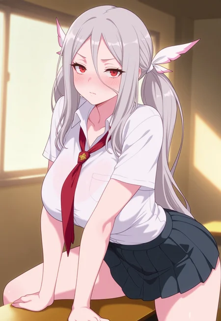 safe_pos, (masterpiece, best quality, amazing quality), flat_color, 1girl, solo, looking at viewer, attractive pose, blush, Morpeah, huge breasts, red eyes, grey hair, long hair, twintails, hair between eyes, school uniform,