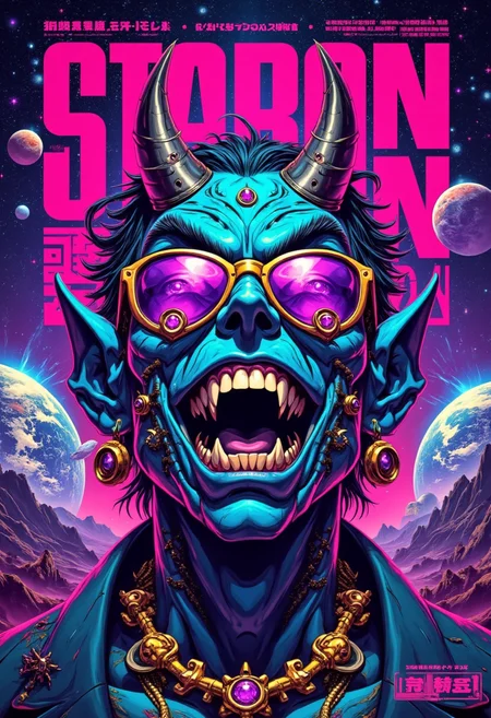 Poster, large fonts, graphic, blue demon with sharp teeth and purple gem eyes, wearing gold sunglasses, cosmic background with vibrant stars and planets, earth visible below, bright pink hues highlighting the scene, exaggerated features and bold colors, gold spiked collar, playful yet menacing expression, intricate details on skin with intricate textures and vibrant colors. The scene should include a rich variety of elements, each contributing to the overall atmosphere. Lighting should be soft, diffused, and natural, enhancing the depth and realism of the scene. The mood is to be calm yet vibrant, creating a sense of serenity and wonder. Every detail in the scene should be meticulously rendered, emphasizing the contrast between light and shadow, and capturing the fine textures and subtle gradients. The color palette should be carefully chosen to evoke emotion, with each hue enhancing the aesthetic appeal of the overall composition. The final image should be immersive and captivating, drawing the viewer into its intricately detailed world.