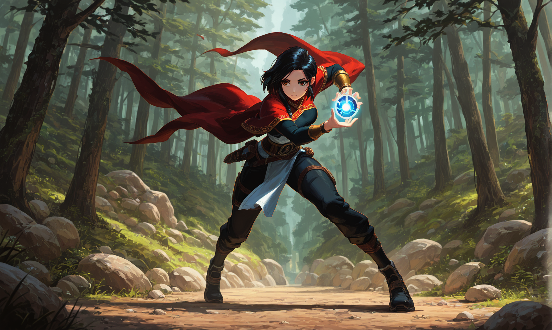 masterpiece, best quality, amazing quality, klskx, full body, 1girl, solo, black hair, medium hair, detailed eyes, multicolored eyes, gold eyes, eyebrows, eyelashes, red and gold hunter robe, (leather armor:1.1), pants, outdoors, rock, overlooking misty valley, (holding glowing magical orb:1.2), outside, early dawn, soft light, detailed scenery, forest clearing, intricate details, magical atmosphere, faint mist, (dynamic pose:0.7), (blurry background, depth of field, bokeh:0.9) <lora:klskx_wai:0.7000000000000001> <lora:spo_sdxl_10ep_4k-data_lora_webui:2.0> <lora:DarkerThanDarkIllustriousV1:0.5>