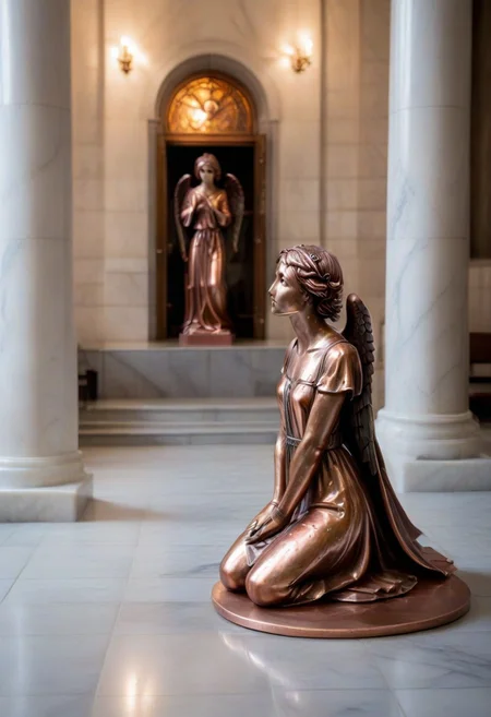 a copper statue portraying a kneeling and weeping angel, bleak, hopeless, depressing, enshrined in an alcove, marble church background
BREAK
CivChan