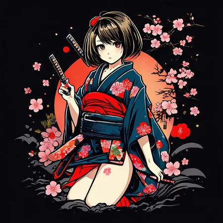 (masterpiece, best quality), chibi style, sexy girl, breasts, kimono, sakura flower, t-shirt design, dark blackground <lora:chibi_style-000003:1>