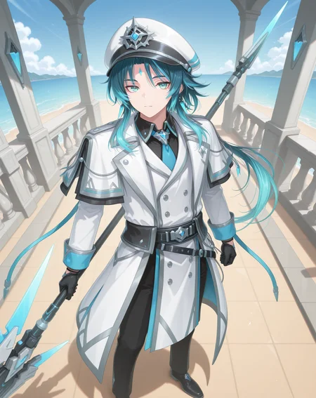 masterpiece, amazing quality, best quality, absurdres, very aesthetic,
1boy, solo, yaoi, male focus, full body, from above, standing, looking at viewer, face focus,
<lora:Nepteon_Blue_Abyss_ilxl:1> nepteonba, aqua hair, streaked hair, blue hair, multicolored hair, forehead mark, facial mark, aqua eyes, sidelocks,
white coat, black gloves, black pants, blue necktie, blue sash, black shirt, hat, long sleeves, peaked cap, black belt,white headwear, collared shirt, white capelet, double-breasted, buttons, sleeve cuffs, lapels, open coat, jewelry, white jacket, black necktie, black sash, black footwear, shoes,
holding polearm, holding weapon,spear, floating weapon,
outdoors, day, blue sky,