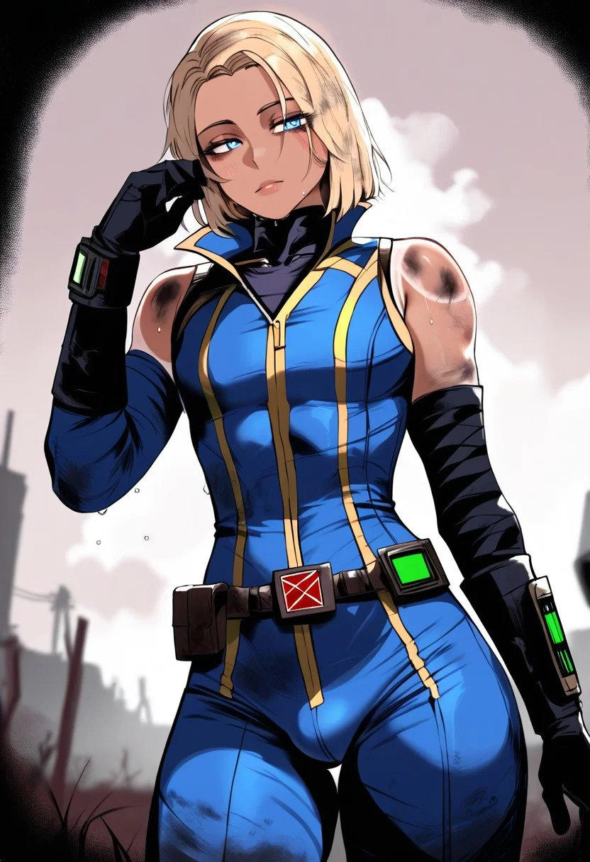 score_9, score_8_up, score_8. score_9, score_8_up, score_7_up, score_6_up, masterpiece, 4k, high quality, (best quality:1.1), ExpressiveH, close up, dutch angle.
1boy, solo, Blonde hair, tan skin, femboy, athletic, swept-back hair, blue eyes. Vault-Tec jumpsuit, Blue bodysuit, tight suit, sleeveless, leather tool belt, long leather gloves, Unzipped jumpsuit, Sweaty tanktop, Unzipped Jacket, Vault teck Jacket
Fallout, Fallout style, Fallout Femboy, Vaultboy, Vault bodysuit, vault jumpsuit. Weathered, dirty, Post apocalyptic
hands, perfect, easynegative, detailed,
perfect, perfection, perfect, detailed, perfecteyes. Woman. ng_deepnegative_v1_75t, easynegative, aid291, Expressiveh, lhata4564, shexyo. easynegative, ng_deepnegative_v1_75t, aid291, Expressiveh, shexyo, masoq.