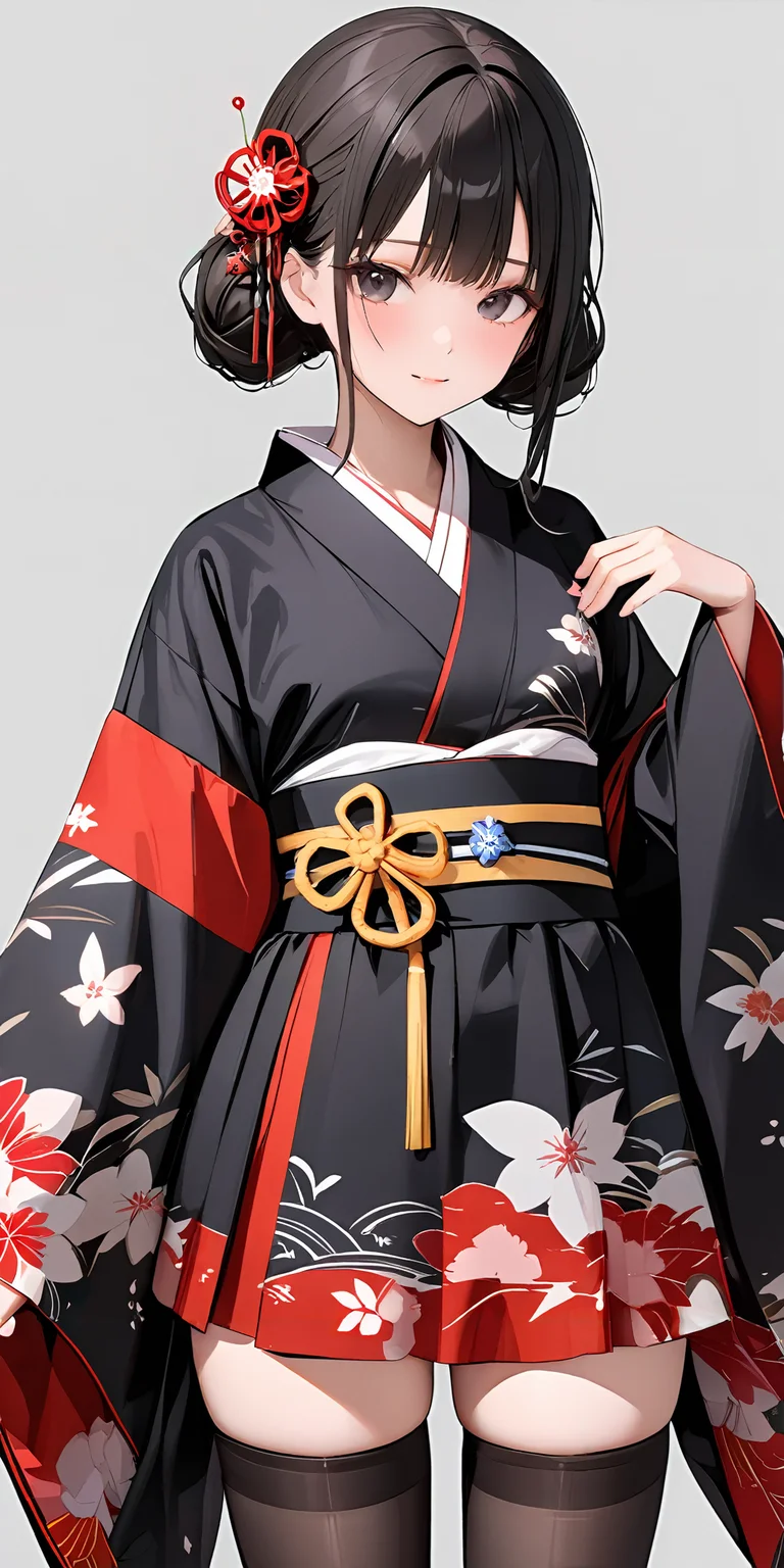 masterpiece,ultra-detailed,best quality,,8K,illustration,simple background,girl,cowboy shot,cute face,
<lora:add-detail-xl:1>  <lora:wafuku gothic_XL_V1.0:0.5> jyojifuku,kimono, thighhighs,wide sleeves