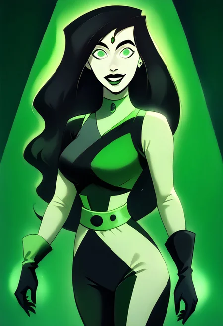score_9, score_8_up, score_7_up, score_6_up, score_5_up, score_4_up, shego, microchip, squar3_ch1p, black gloves, black hair, bodysuit, smile, green bodysuit, green eyes, green theme, long hair, portrait, solo, (ultra realistic, 32k, masterpiece:1.2), (high detailed skin:1.1), (high quality:1.1), standing at attention, wide eyes, hypnotized, lips parted,