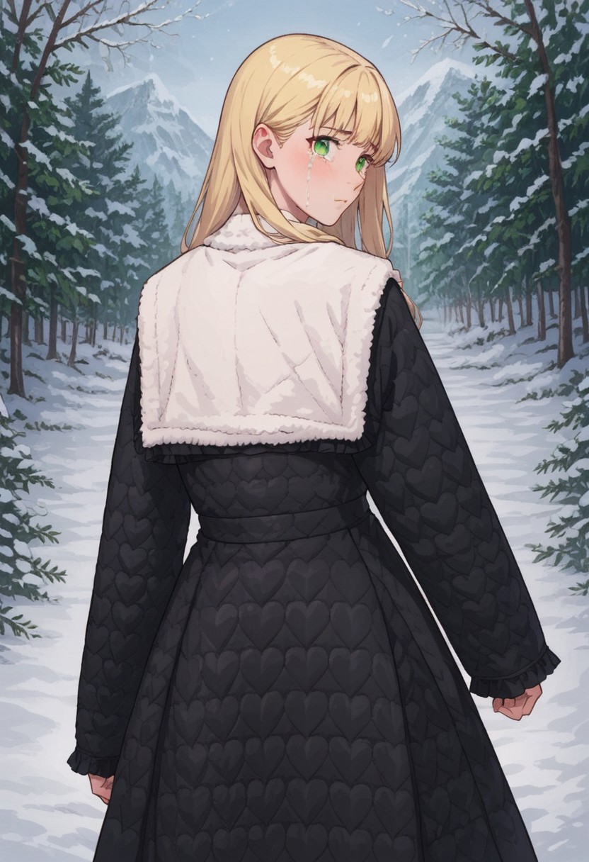 score_9, score_8_up, score_7_up, source anime,
masterpiece, best quality, detailed, amazing quality,
detailed background, winter, snow, winter forest,
detailed eyes, clean eyes,
dynamic pose, looking back at viewer, from behind,
solo, 1girl, 
easynegative, 
long hair, blonde hair, green eyes,
tears in eyes,
quilt_coat, black coat,