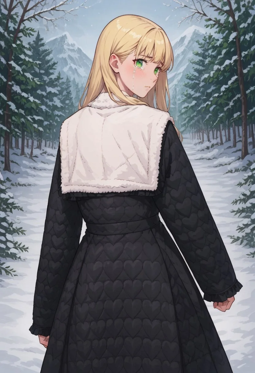 score_9, score_8_up, score_7_up, source anime,
masterpiece, best quality, detailed, amazing quality,
detailed background, winter, snow, winter forest,
detailed eyes, clean eyes,
dynamic pose, looking back at viewer, from behind,
solo, 1girl,
easynegative,
long hair, blonde hair, green eyes,
tears in eyes,
quilt_coat, black coat,