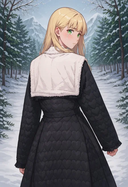 score_9, score_8_up, score_7_up, source anime,
masterpiece, best quality, detailed, amazing quality,
detailed background, winter, snow, winter forest,
detailed eyes, clean eyes,
dynamic pose, looking back at viewer, from behind,
solo, 1girl,
easynegative,
long hair, blonde hair, green eyes,
tears in eyes,
quilt_coat, black coat,