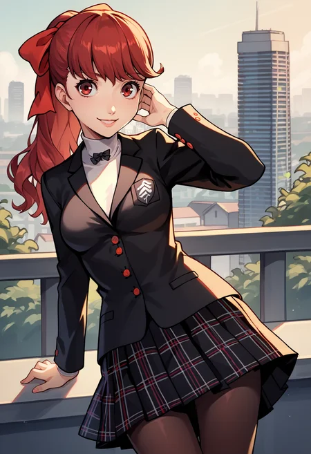 score_9, score_8_up, score_7_up, source_anime, BREAK 1girl, cowboy shot, looking at you, smile, hand on own cheek, <lora:KasumiP5-pdxl:1> defSumi, long hair, ponytail, red hair bow, school uniform, black blazer, medium breasts, white turtleneck, bowtie, plaid skirt, pleated skirt, black pantyhose, outdoors, cityscape