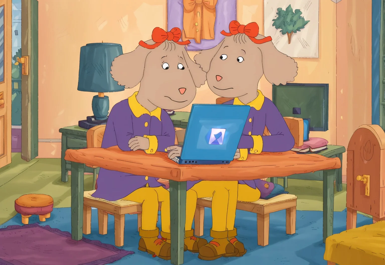Fern Walters, solo, 1girl, anthropomorphic dog, animal ears, tannish grey fur. red bow on her head,
long sleeved purple blouse with yellow buttons, yellow pants, brown loafers,
bedroom, bed, sitting at desk, looking at laptop