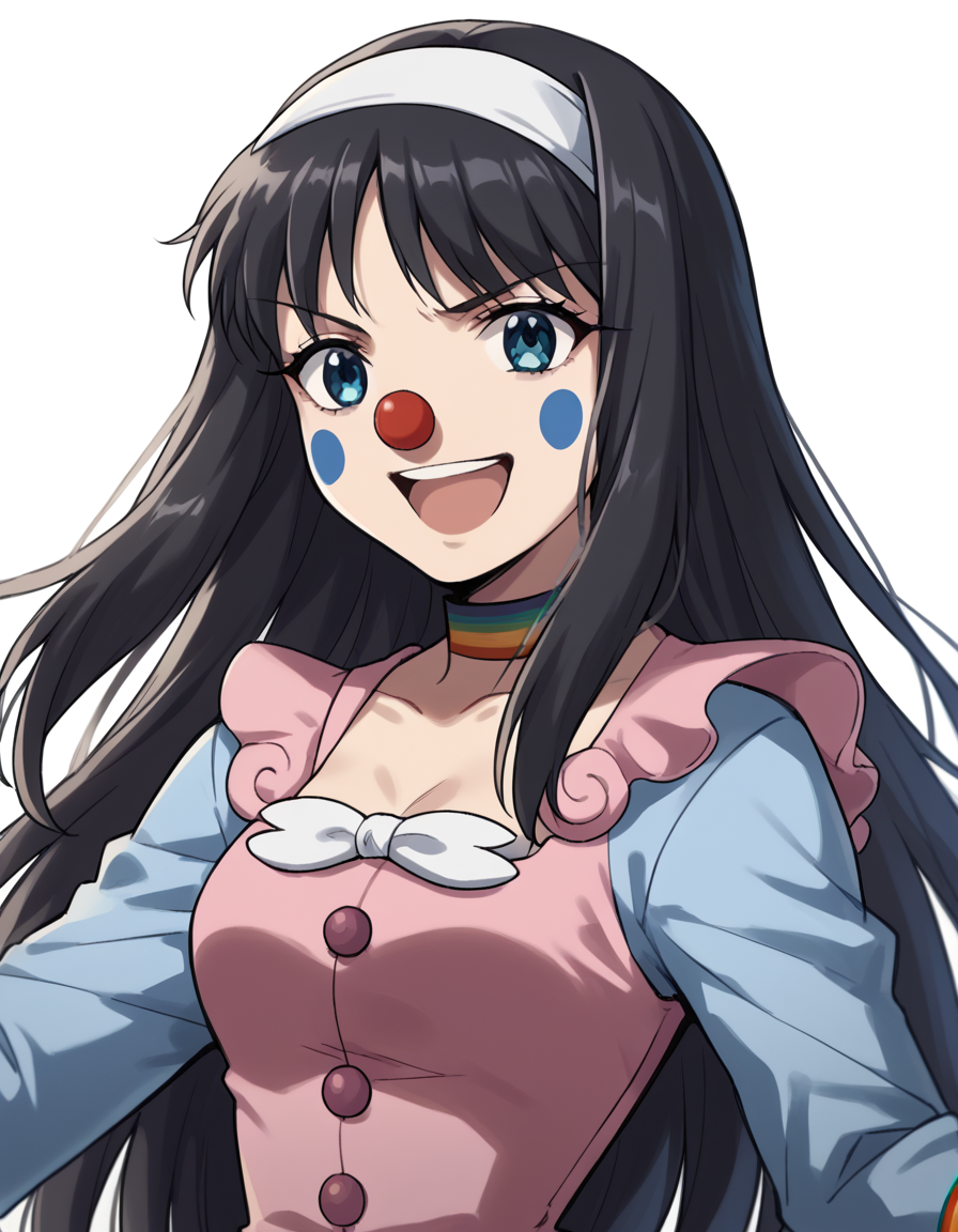 score_9, score_8_up, score_7_up, source_anime, <lora:carnivalphantasm-akiha-toono-ova-ponyxl-lora-nochekaiser:1>, akiha toono, tohno akiha, long hair, blue eyes, black hair, hairband, white hairband, medium breasts,, <lora:clown-ponyxl-lora-nochekaiser:1>, clown, makeup, clown nose, facepaint, gloves, long sleeves, frills, dress,, smile, open mouth, smug, , dutch angle, cowboy shot