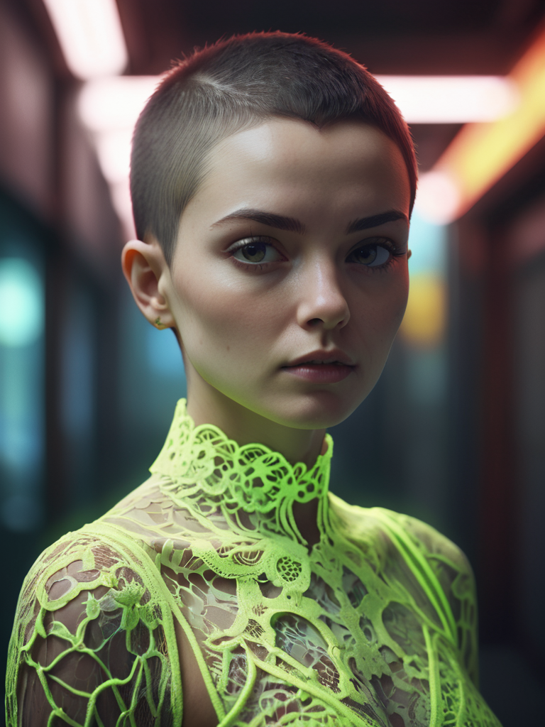 neon-death-cult woman,wearing (neon-colored-lace made from neon wires:1.4), arrogant look, small round face with  pronounced_cheekbones, small_chin,   brunette buzz_cut,  highly detailed , strong contrast, intricate details, volumetric light, 16k HDRI,  lot of details, high quality,  dramatic atmosphere, atmospheric perspective, subsurface scattering, transparency,  analog style, film photography, sharp focus, soft focus, cinematic gloomy lighting, heavy shadow