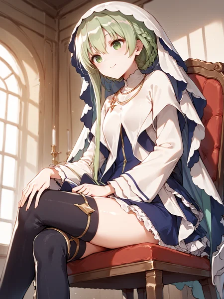 score_9, score_8_up, score_7_up,source_anime, high res image,masterpiece,best quality
smile, indoors, cowboy shot, sitting, on chair, crossed legs, from side, from below, <lora:CeciliaV2-03:0.8> ((ceciliav2:1.3)), 1girl, green hair, long hair, dress, jewelry, green eyes, hair between eyes, veil, necklace, ((long single sidelock:1.3)), long sleeves, wide sleeves, black thighhighs, frills, zettai ryouiki, blue dress, white dress, parted lips, thighs, skirt, closed mouth, ((folded braid:1.3)), thigh boots <lora:add-detail-xl:2>
