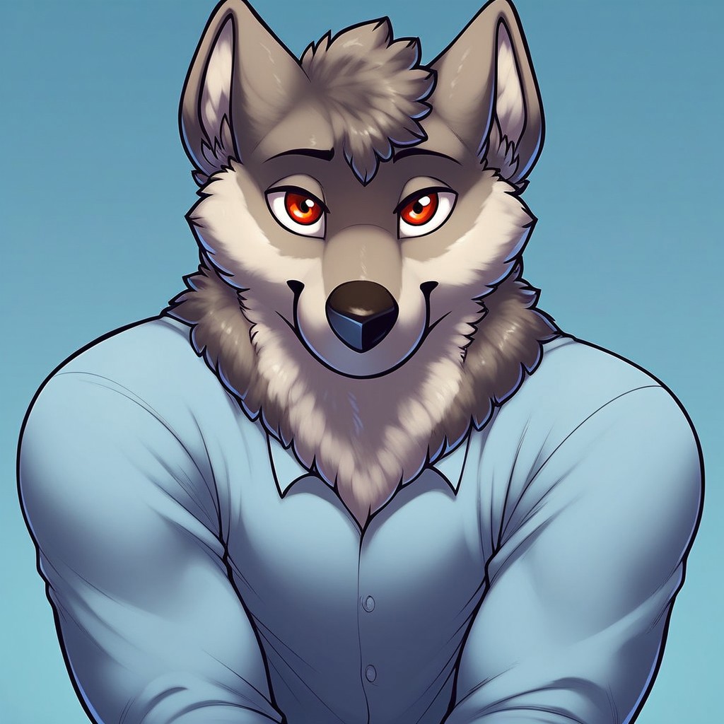 score_9, score_8_up, score_7_up, Expressiveh, masterpiece, best quality, highly detailed, realistic, (zPDXL3), 1boy, solo, (RichardJH, furry, anthro, canine, wolf, grey body, grey fur, black nose, red eyes, arms down), upper body, blue shirt, clothed, (blue background, simple background), closed mouth, looking at viewer, smile
