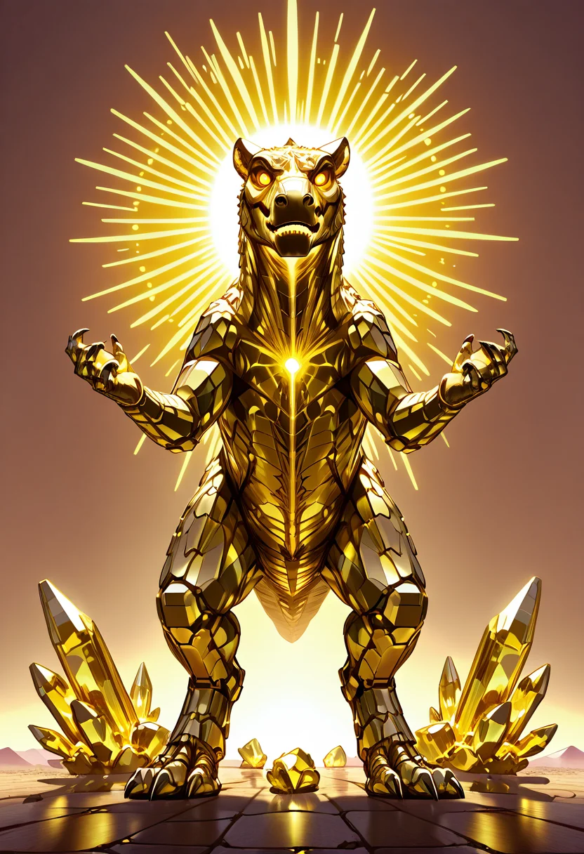 masterpiece, best quality, no humans, ,<lora:CrystalKingDino_IXL:0.8>, zzCrystalKing, golden crystal structure, radiant highlights, sunburst eyes, cracked desert floor, early morning sun, striding pose, wide shot, radiant lighting, majestic atmosphere â In a vast sunlit wasteland, the zzCrystalKing strides across cracked earth, its golden crystal frame glowing with the brilliance of dawn. Each facet reflects the rising sun in dazzling rays, and dust plumes rise in its wake. Its eyes gleam like captured suns, regal and fierce. From a distance, it appears like a walking cathedralâworshiped by time, feared by all. The golden light softens the desolation around it, turning ruin into reverence.