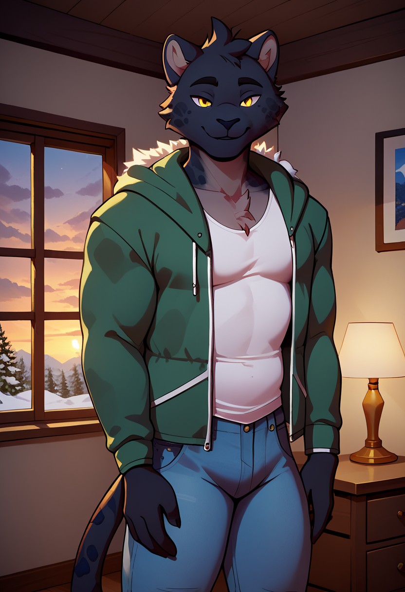 score_9, score_8_up, score_7_up, score_6_up, score_5_up, score_4_up, source_anime, source_furry, zPDXL3, furry_diffusion, <lora:Devon_DawnChorusPXL-05:0.7>, devon, yellow eyes, short hair, leopard boy, leopard tail, black fur, furry, furry male, cowboy shot, smile, detailed background, indoors, inside, bedroom, lamp, window, snow, sunset, clouds, high quality, (detailed eyes, detailed), intricate details, beautiful vibrant colors, soft shading, masterpiece, unparalleled masterpiece, HD, hi res, cinematic lighting, muscular male, bara, athletic build, toned ass, thick thighs, pectorals, large pectorals, white tank top, green jacket, pants, denim, pectoral cleavage, open jacket, hooded, narrowed eyes 