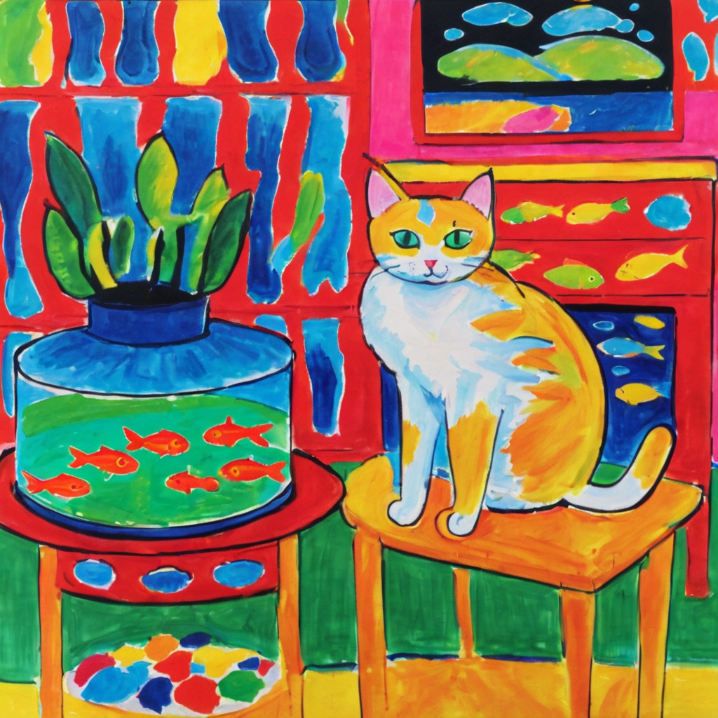 <lora:m4t1:1>m4t1 cat next to fishtank  vibrant