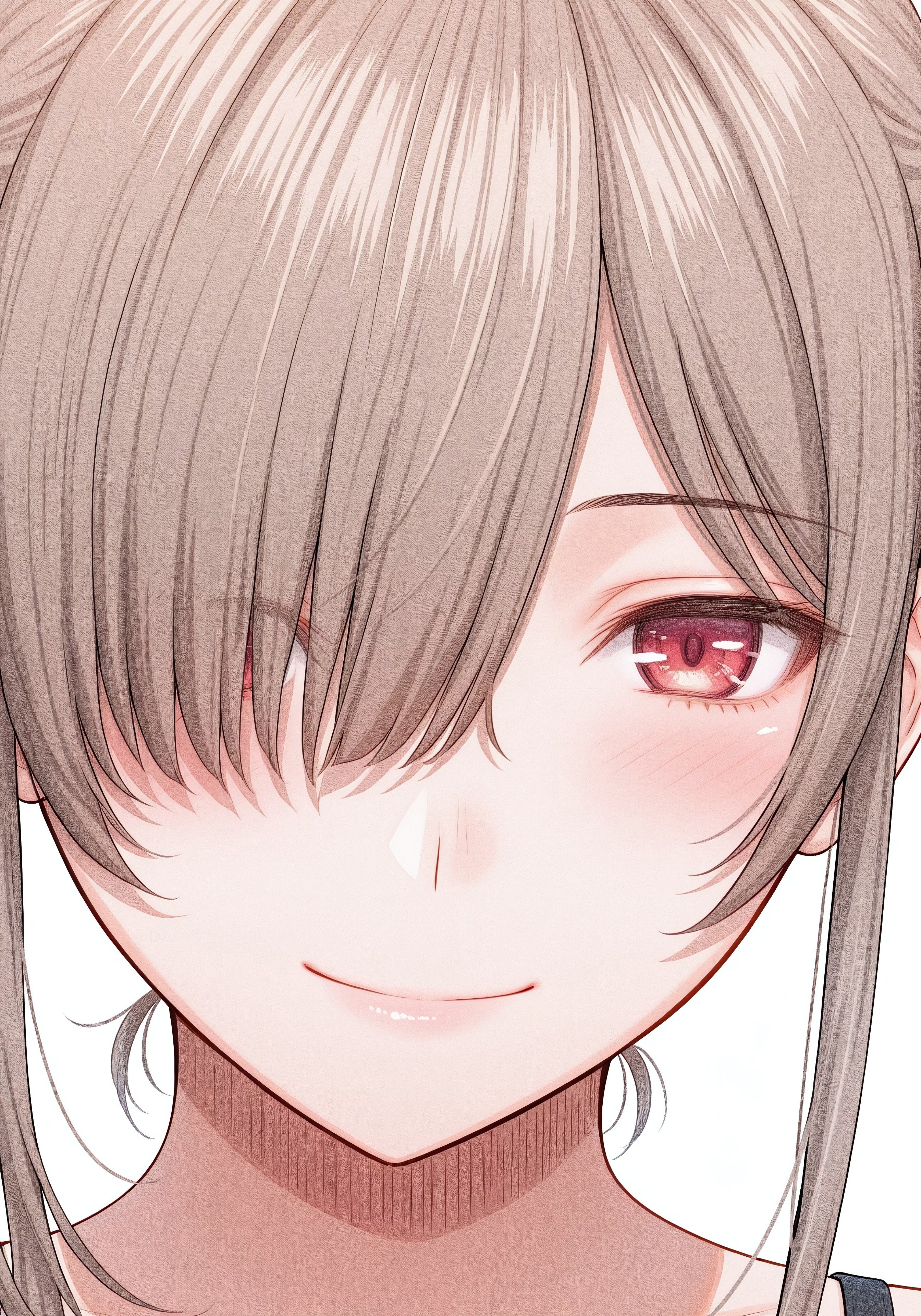 ultra-detailed,detailed face,
score_9, score_8_up, score_7_up, source_anime,(extremely detailed CG), (best quality),
brown  hair,red eyes,
1girl, solo, hair over one eye, smile, looking at viewer, portrait, closed mouth, blush, white background, nagi