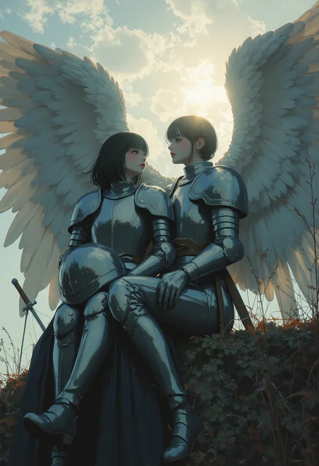 score_9, score_8_up, score_7_up, score_6_up, _Style, masterpiece, high quality, extremely detailed, detailed background, perfect fingers, perfect face, angel girl, duo, perfect face, sun breaking through the clouds, battlefield background, outside, gloomy sky, seated on cliff, swords in the ground, darkness, very beautiful girl, knight boots, very short hair, knight, solo, angel, holding helmet, armor, silver armor, fully covered in armor, solemn, stoic, shining armor, angel wings, wings wrapped around, framed by feathers, realistic, helmet, no face, window lighting<lora:Midjourney_Whisper_Minimal:1>,